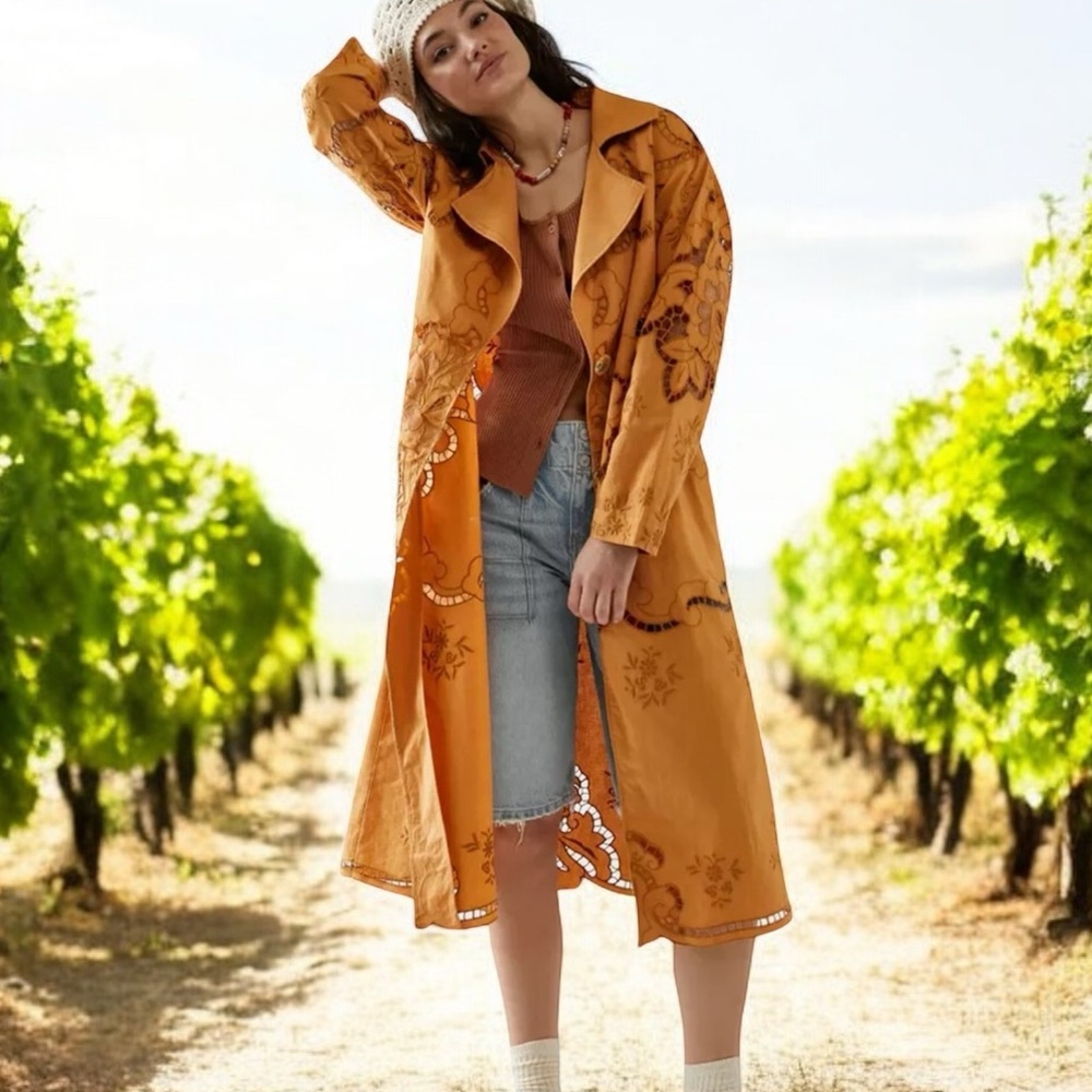Free People orange linen blend laser floral boho chic bohemian trench coat XS